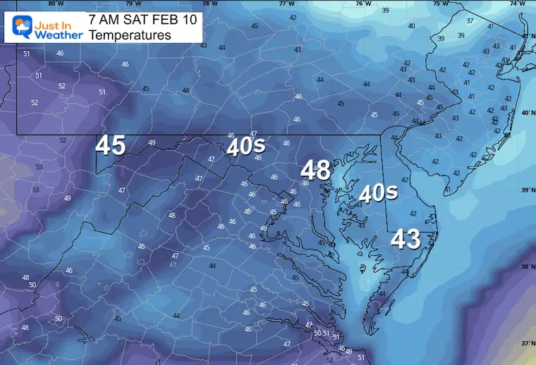 February 9 weather forecast temperatures Saturday morning