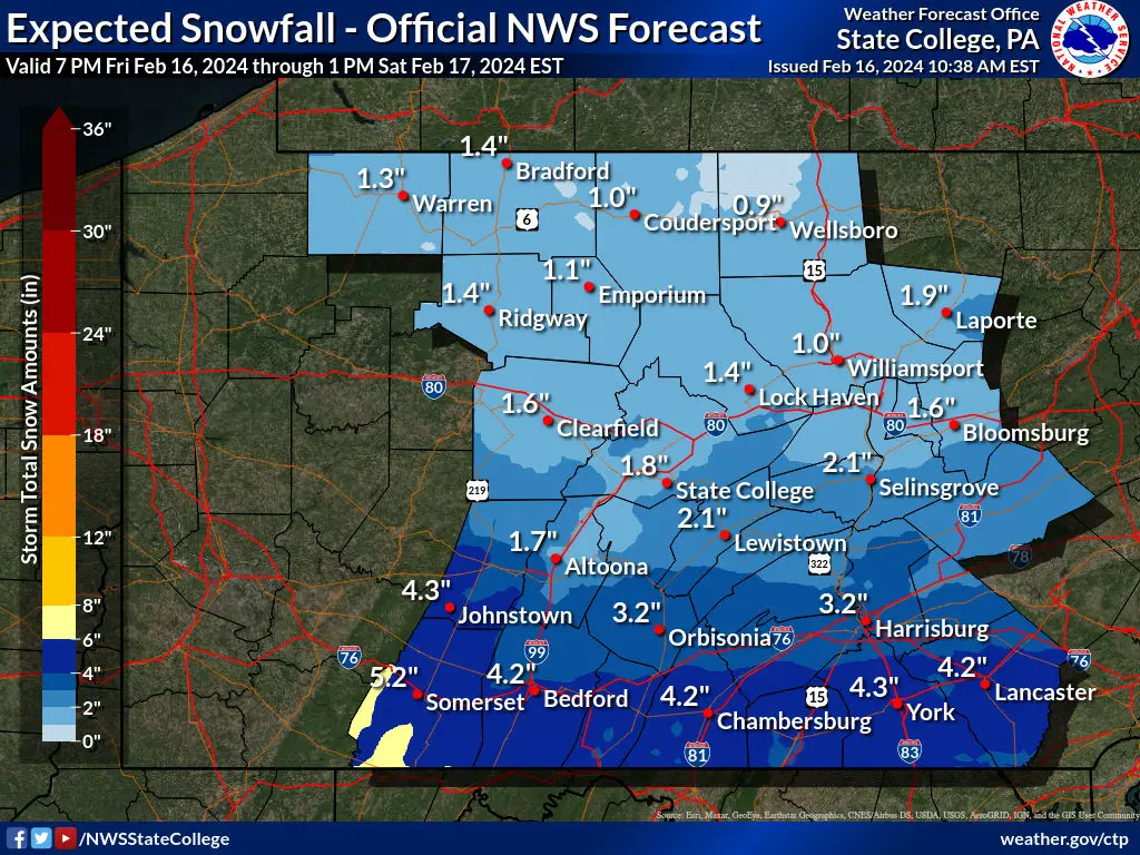 Snow Forecast February 16 Pennsylvania 