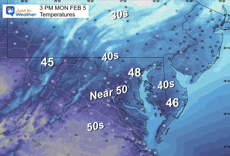 February 5 weather temperatures Monday afternoon