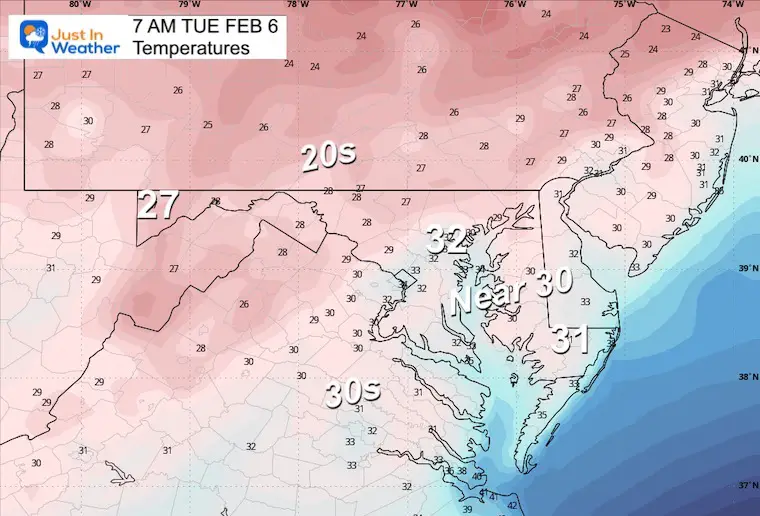 February 5 weather temperatures Tuesday Morning