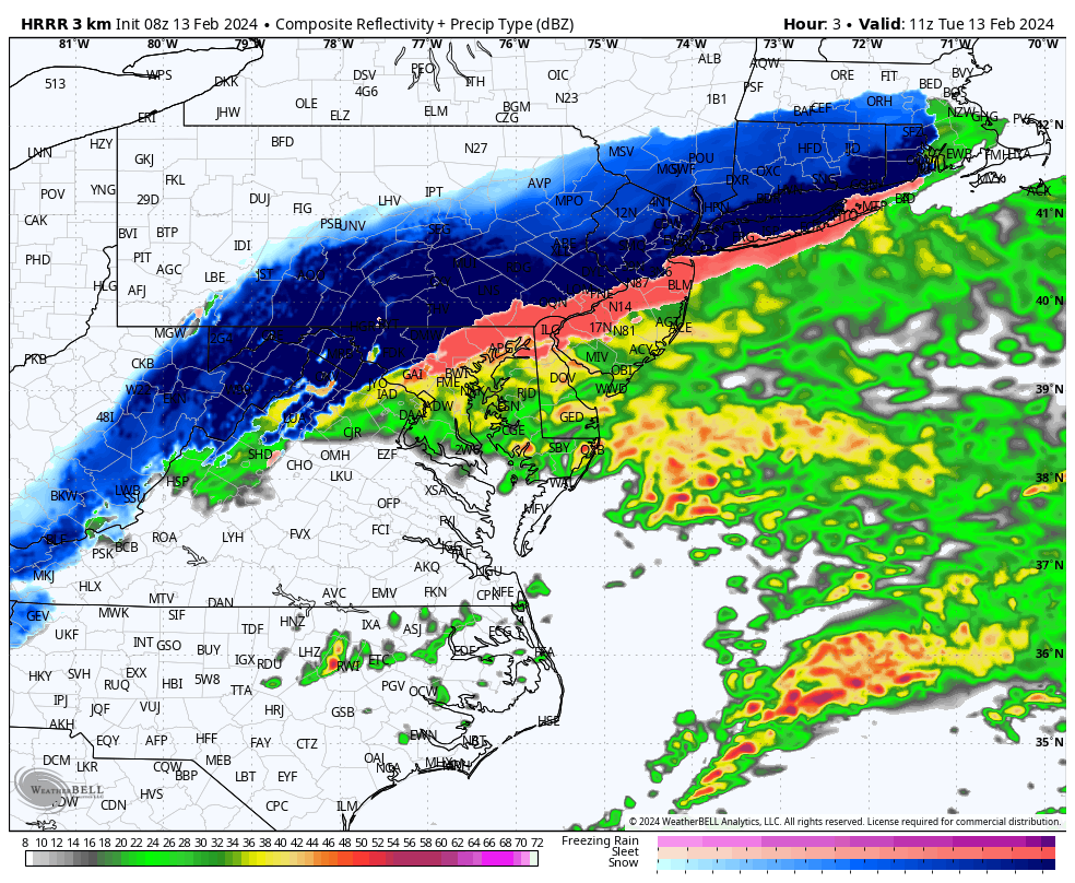 February 13 weather forecast snow Tuesday HRRR northeast US