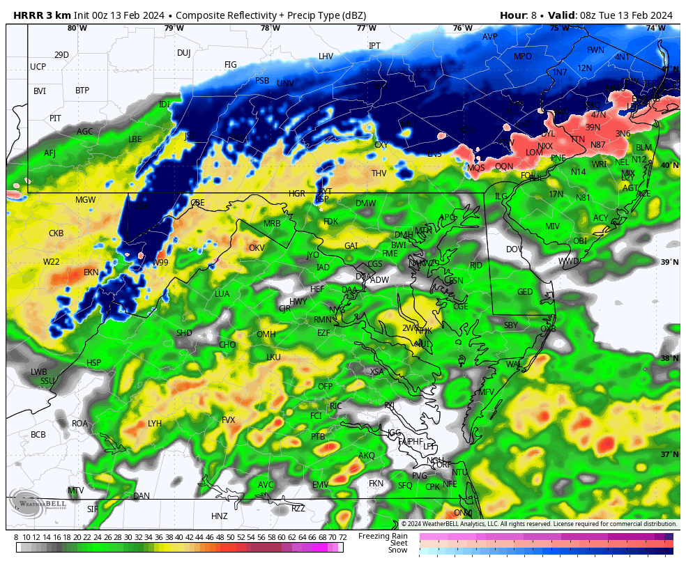 February 13 weather radar simulation snow HRRR
