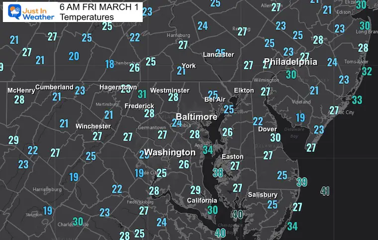 March 1 weather temperatures Friday morning