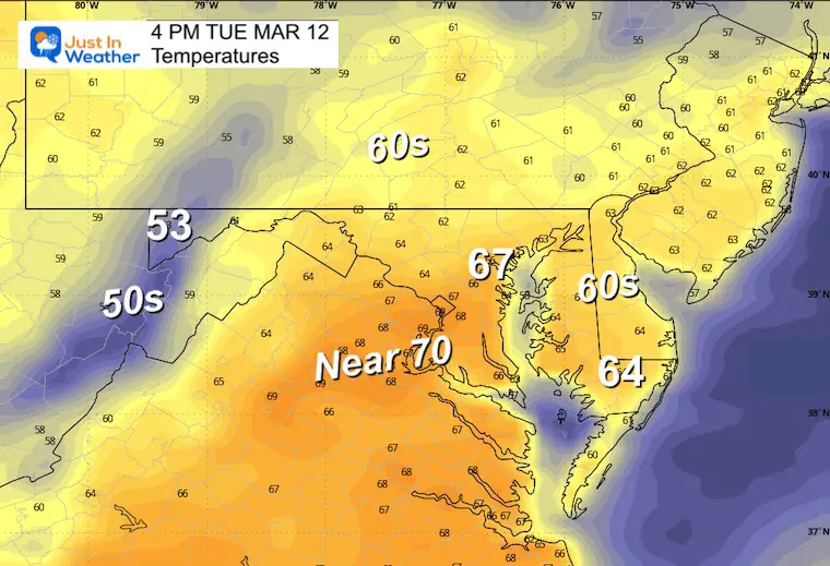 March 12 weather temperatures Tuesday afternoon