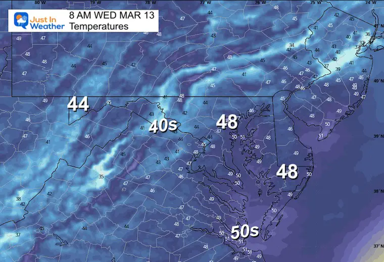 March 12 weather temperatures Wednesday morning