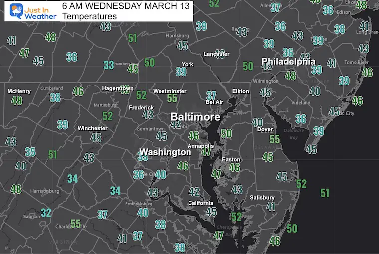 March 13 weather temperatures Wednesday morning
