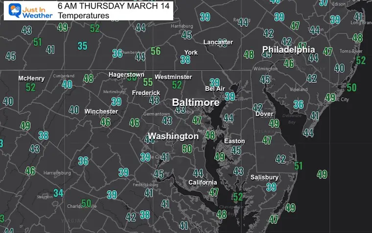 March 14 weather temperatures Thursday morning
