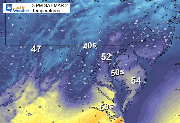 March 2 weather forecast temperatures Saturday afternoon