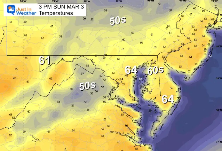 March 2 weather forecast temperatures Sunday afternoon