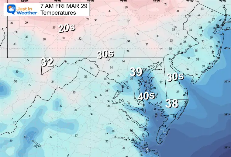 March 28 weather temperatures Friday morning