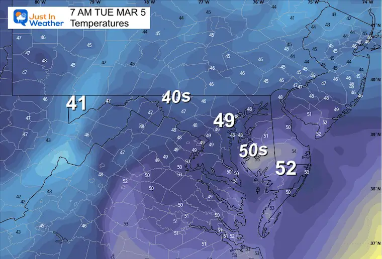 March 4 weather temperatures Tuesday Morning 