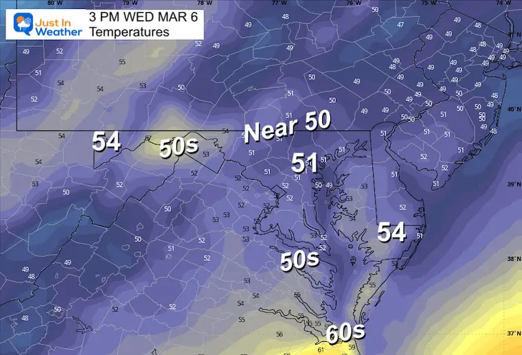 March 5 weather temperature forecast Wednesday afternoon