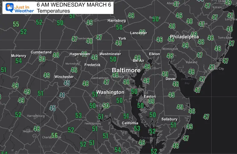 March 6 weather temperatures Wednesday morning
