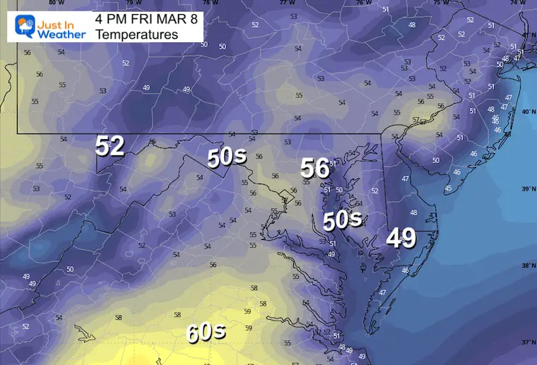 March 7 weather temperatures Friday afternoon