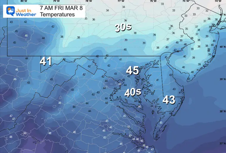 March 7 weather temperatures Friday morning