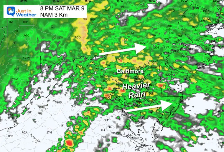 March 8 weather radar rain Saturday 8 PM