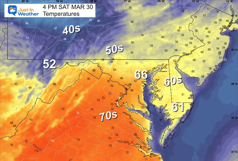March 30 weather temperatures Saturday afternoon