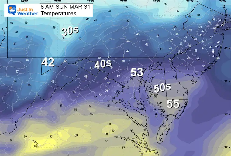 March 30 weather temperatures Sunday morning