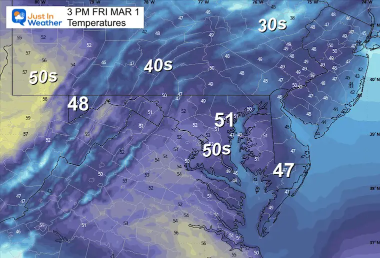 March 1 weather temperatures Friday afternoon