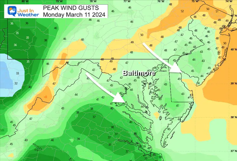 March 11 weather wind gust forecast Monday