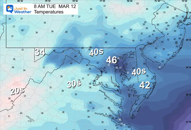 March 11 weather forecast temperatures Tuesday Morning