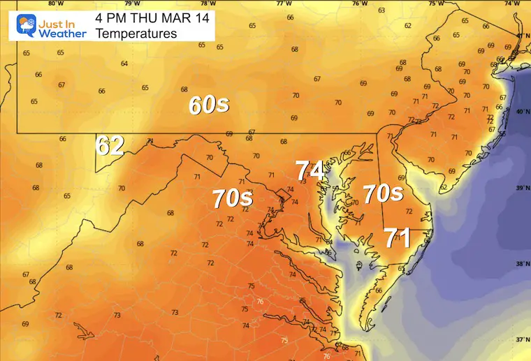 March 13 weather forecast temperatures Thursday afternoon
