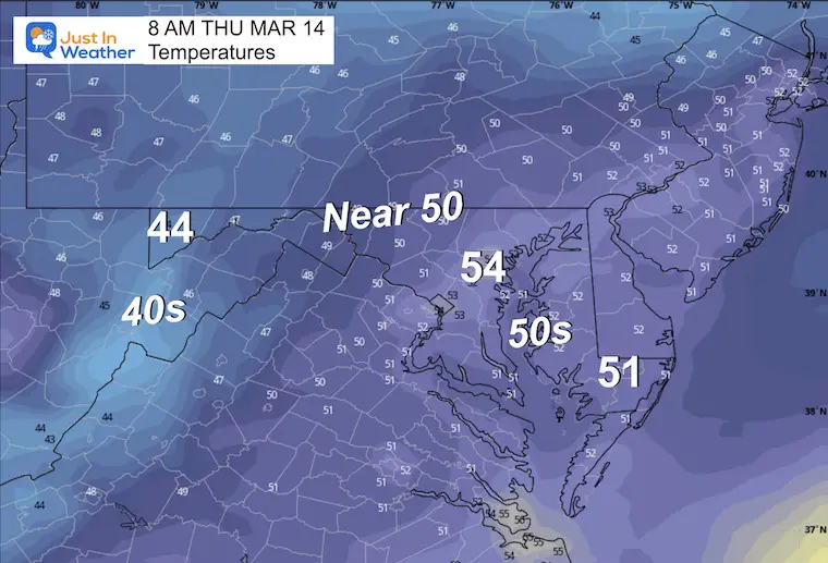 March 13 weather forecast temperatures Thursday morning