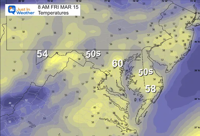 March 14 weather temperatures Friday morning