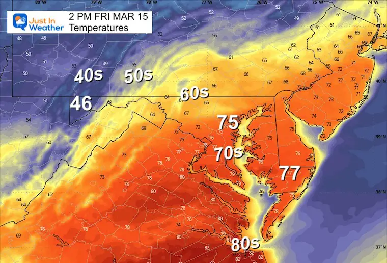 March 15 weather temperatures Friday afternoon