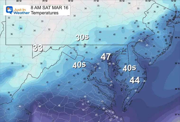 March 15 weather temperatures Saturday morning