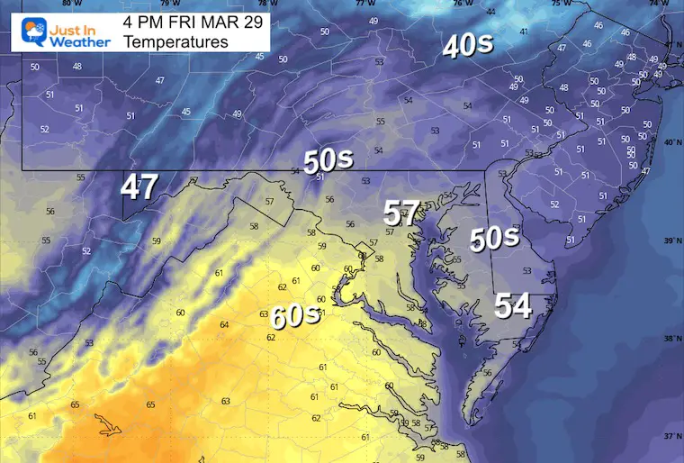 March 29 weather forecast temperatures Friday afternoon