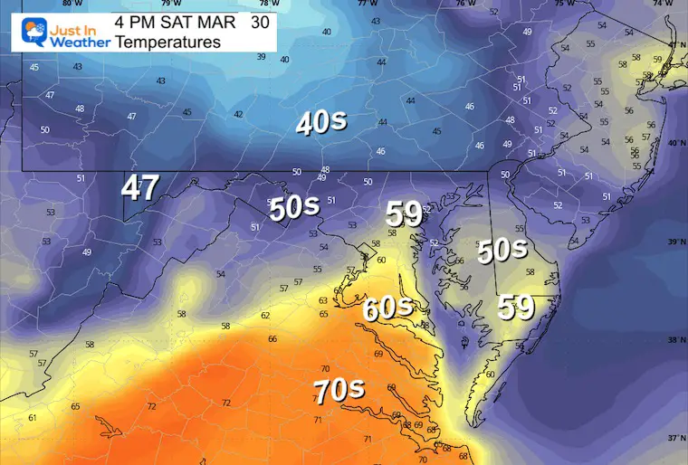 March 29 weather forecast temperatures Saturday afternoon