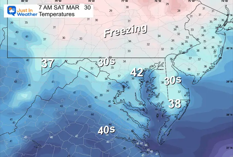 March 29 weather forecast temperatures Saturday morning