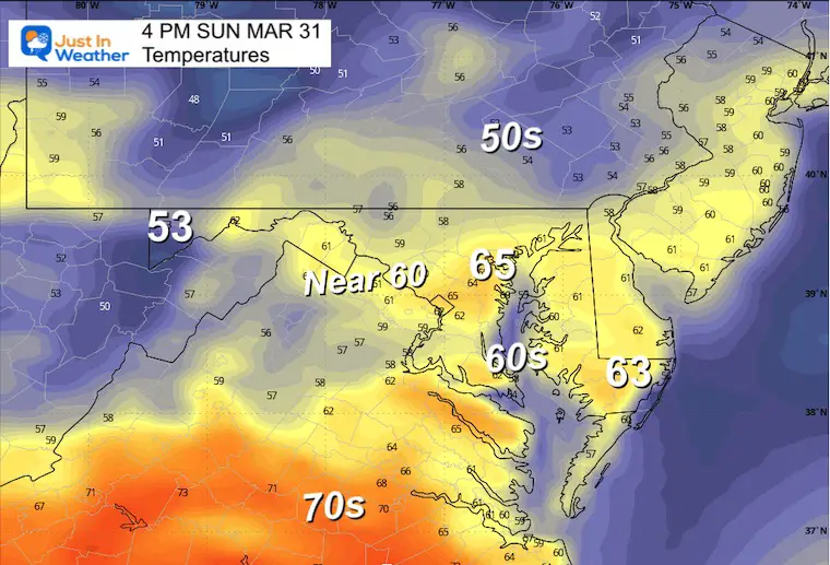 March 31 weather temperatures Easter Sunday afternoon