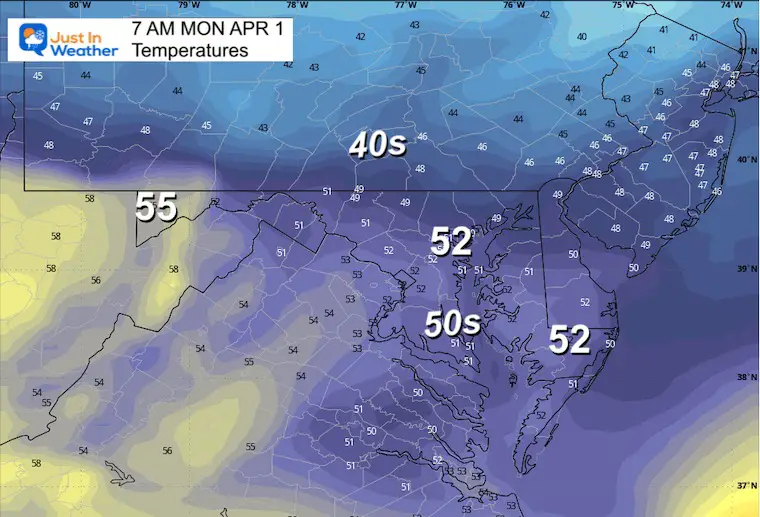 March 31 weather temperatures Monday morning