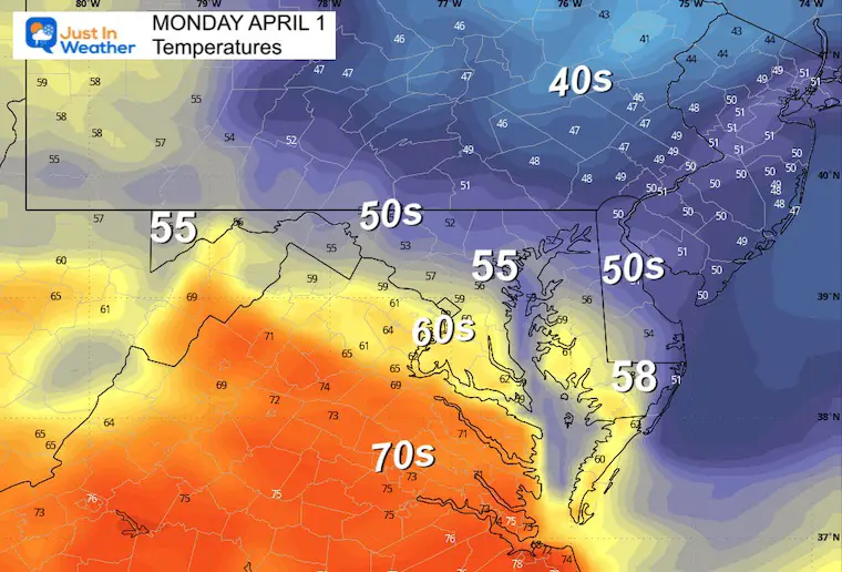 April 1 weather temperatures Monday afternoon