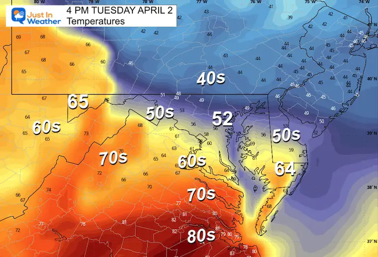 April 1 weather temperatures Tuesday afternoon