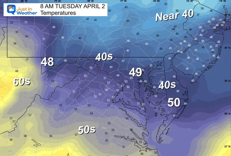 April 1 weather temperatures Tuesday Morning