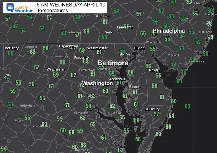 April 10 weather temperatures Wednesday morning