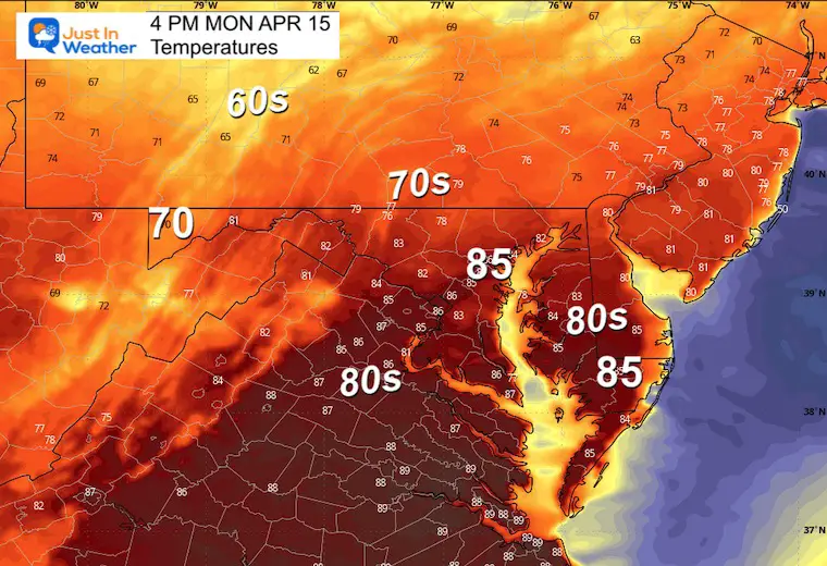 April 15 weather temperatures Monday afternoon