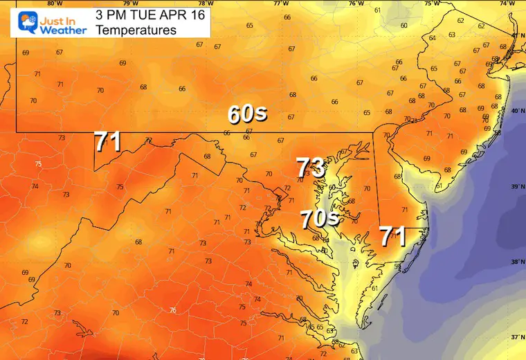 April 15 weather temperatures Tuesday afternoon