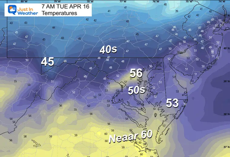 April 15 weather temperatures Tuesday morning