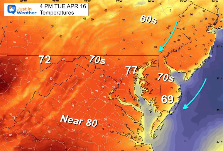 April 16 weather temperatures Tuesday afternoon