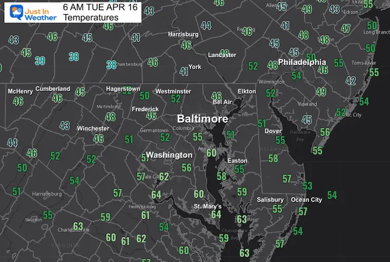April 16 weather temperatures Tuesday morning