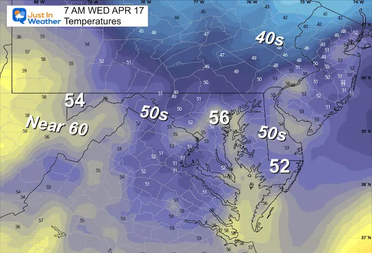 April 16 weather temperatures Wednesday morning