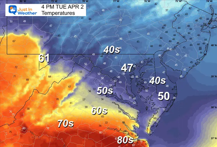April 2 weather temperatures Tuesday afternoon
