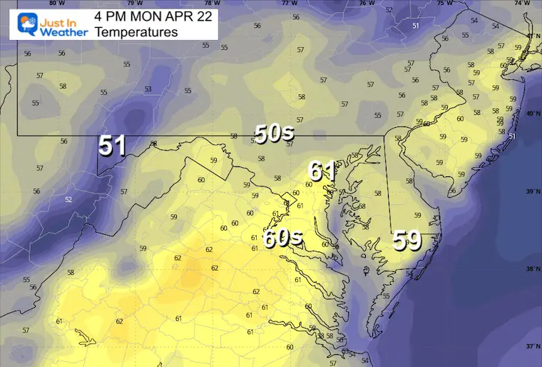 April 22 weather temperature forecast Monday afternoon
