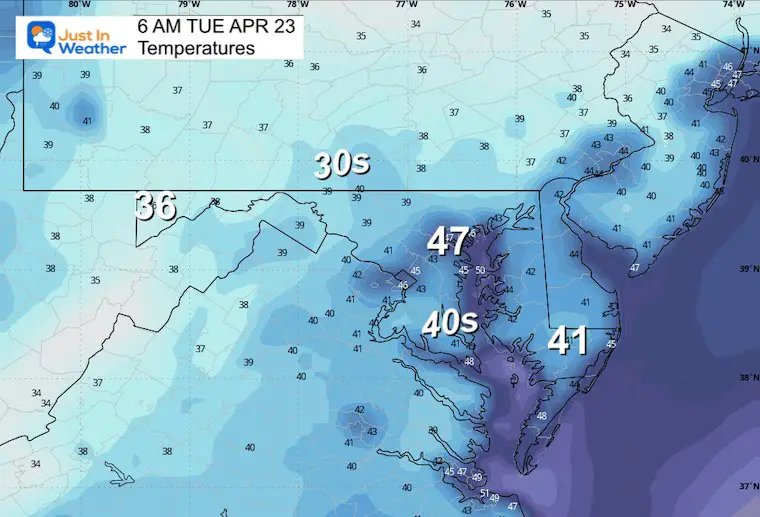 April 22 Weather temperatures Tuesday morning