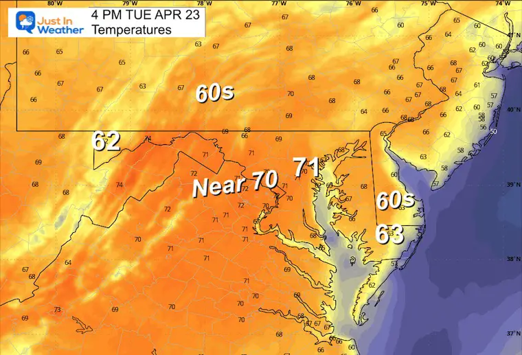 April 23 weather forecast temperatures Tuesday afternoon
