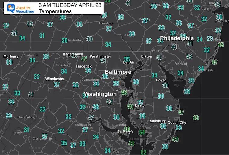 April 23 weather temperatures Tuesday morning
